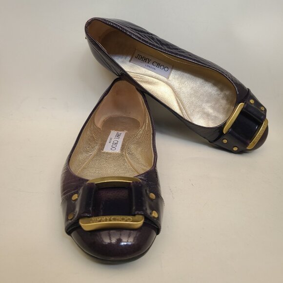 Jimmy Choo Dark Purple Patent Leather Ballet Flats EU 37.5 Gold Tone Buckle - Picture 1 of 16